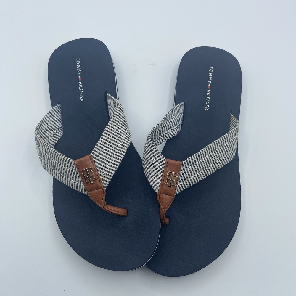 Tommy Hilfiger CANDIS Blue Pinstrip Flip Flops Women's Sandals Size:7-7.5